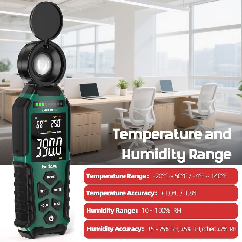 Gedaye Light Meter Lux Foot Candles Meter 0~400,000 Lux Range, Large Backlit Display, Light Meter for Plants Luxmeter Light Meter Digital Illuminance Meter Handheld - Image 5
